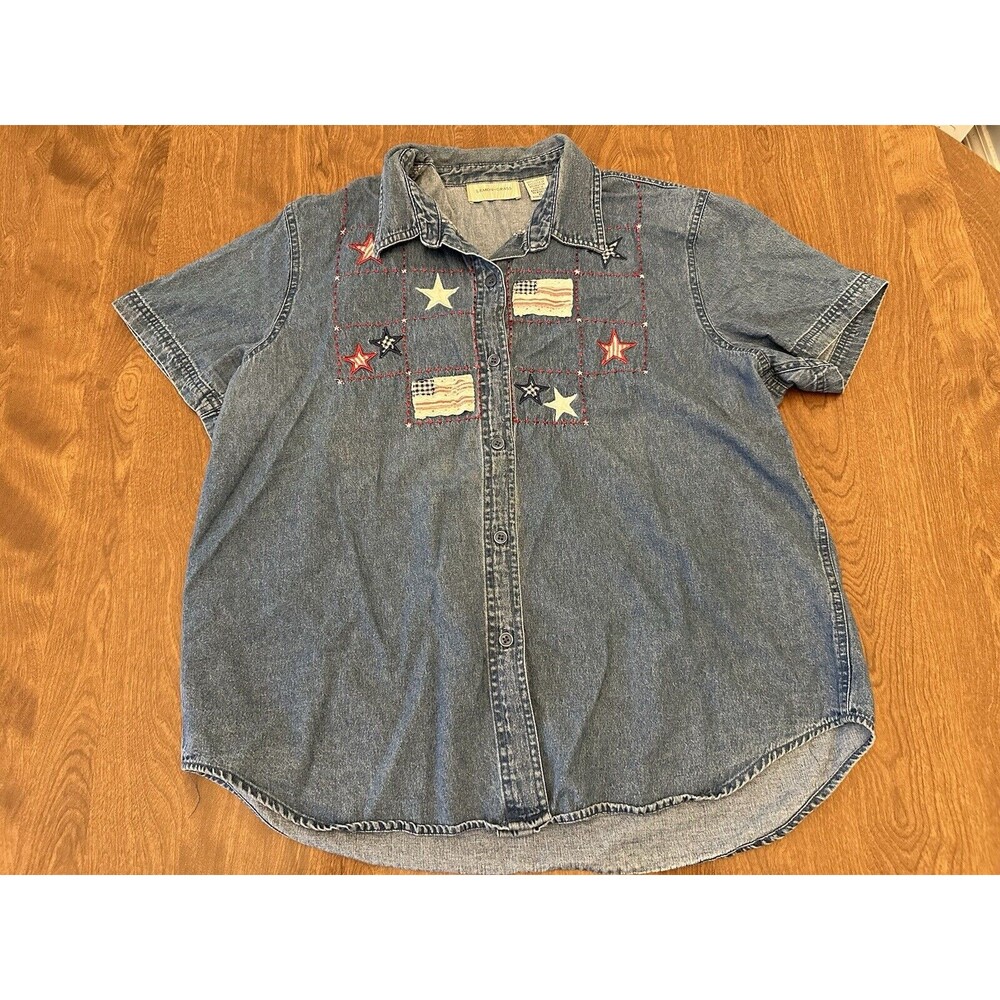 Lemon Grass Shirt Women’s XL Denim Embellished Embroidered American Flags Stars
